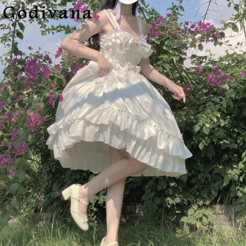 

Sweet Lolita Daily Elegance Summer Square Neck Cute Bow White JSK Dress Girls Ruffles High Waist A-line Cake Princess Dresses