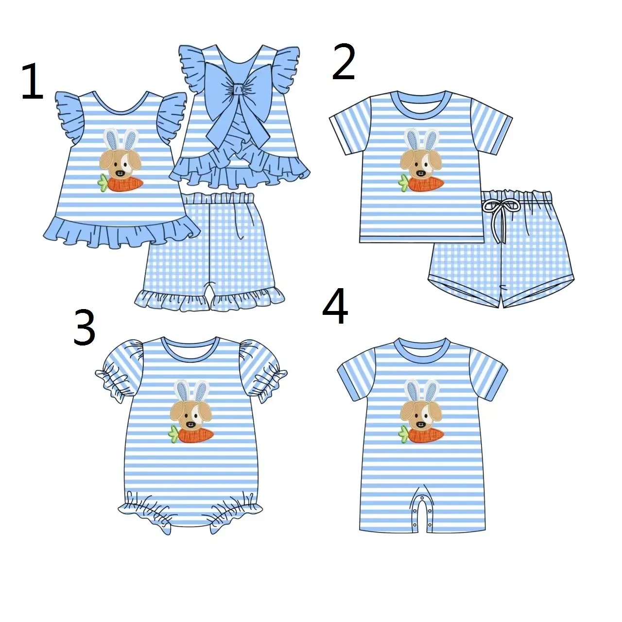 Retail and Wholesale Easter Cartoon Print Blue Striped Children's Short Sleeve Shorts Boutique Suits and Jumpsuits