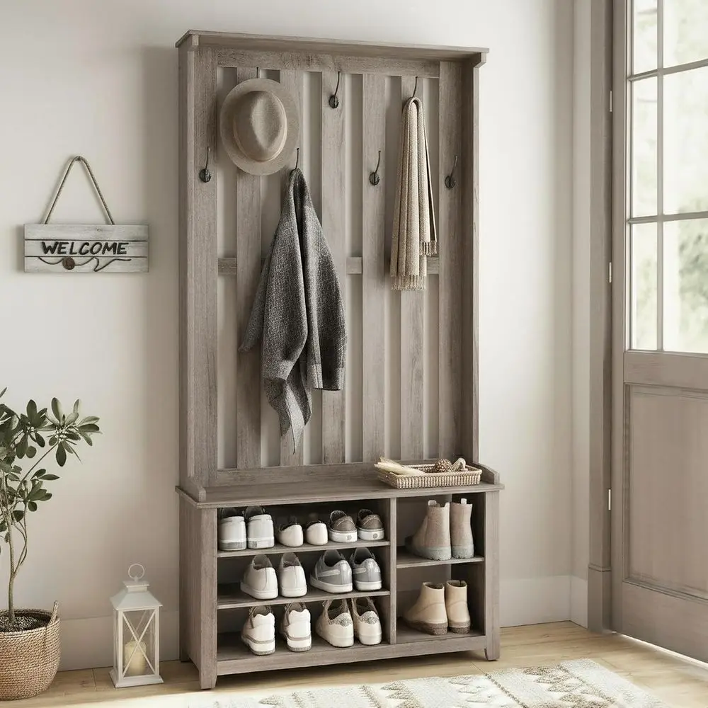 

Прихожая тумба-вешалка со скамейкой и местом для обуви, вешалка для одежды со скамейкой для обуви, 7 двойных крючков, для шляп, прихожей, спальни, гостиной, 13.