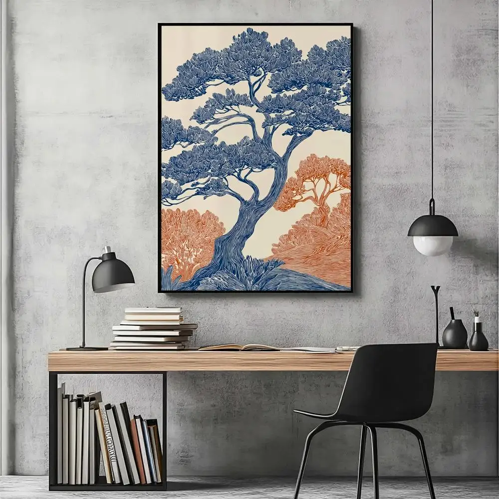 Oak Tree HD Wall Art Poster Vintage Linocut Forest Landscape Blue Woodland Botanical Art Home Decor Living Room Gift