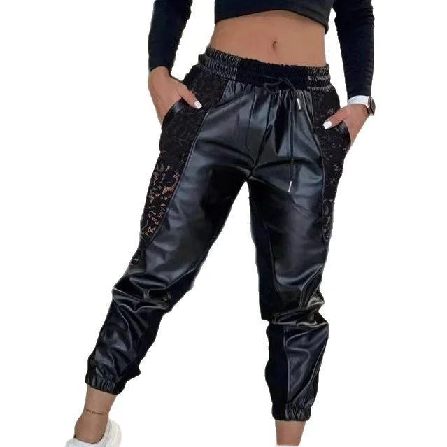 New 2025 Women's Casual Trousers PU Splicing Long Pants Comfortable Loose Fit Natural Waist Mid-aged Suitable Other Materials