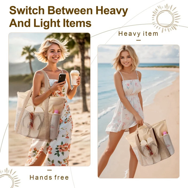 Waterproof Beach Bag with Zipper,Sandproof Beach Tote Bag for Women, Carry on Tote Bag for Swim Cruise Khaki-DTB1