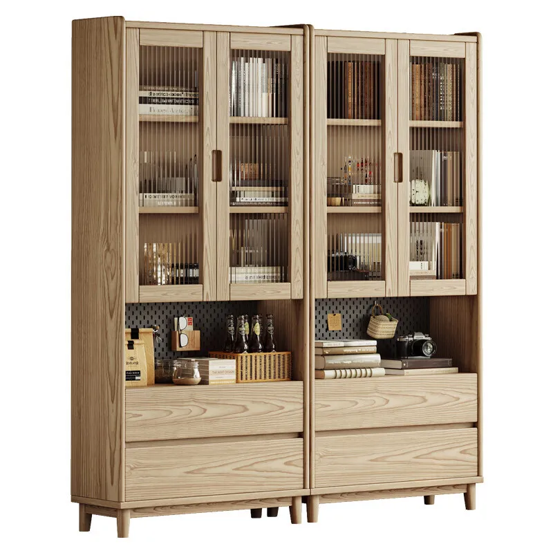 

Ash wood bookcase solid wood glass door living room dust storage storage cabinet Nordic log bookshelf bookcase combination