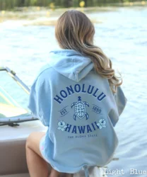 Hawaiian Hibiscus Flower Honolulu Sportswear Fashion Women's Beach Vacation Shirt Spring and Autumn Casual Turtle Print Hoodie L