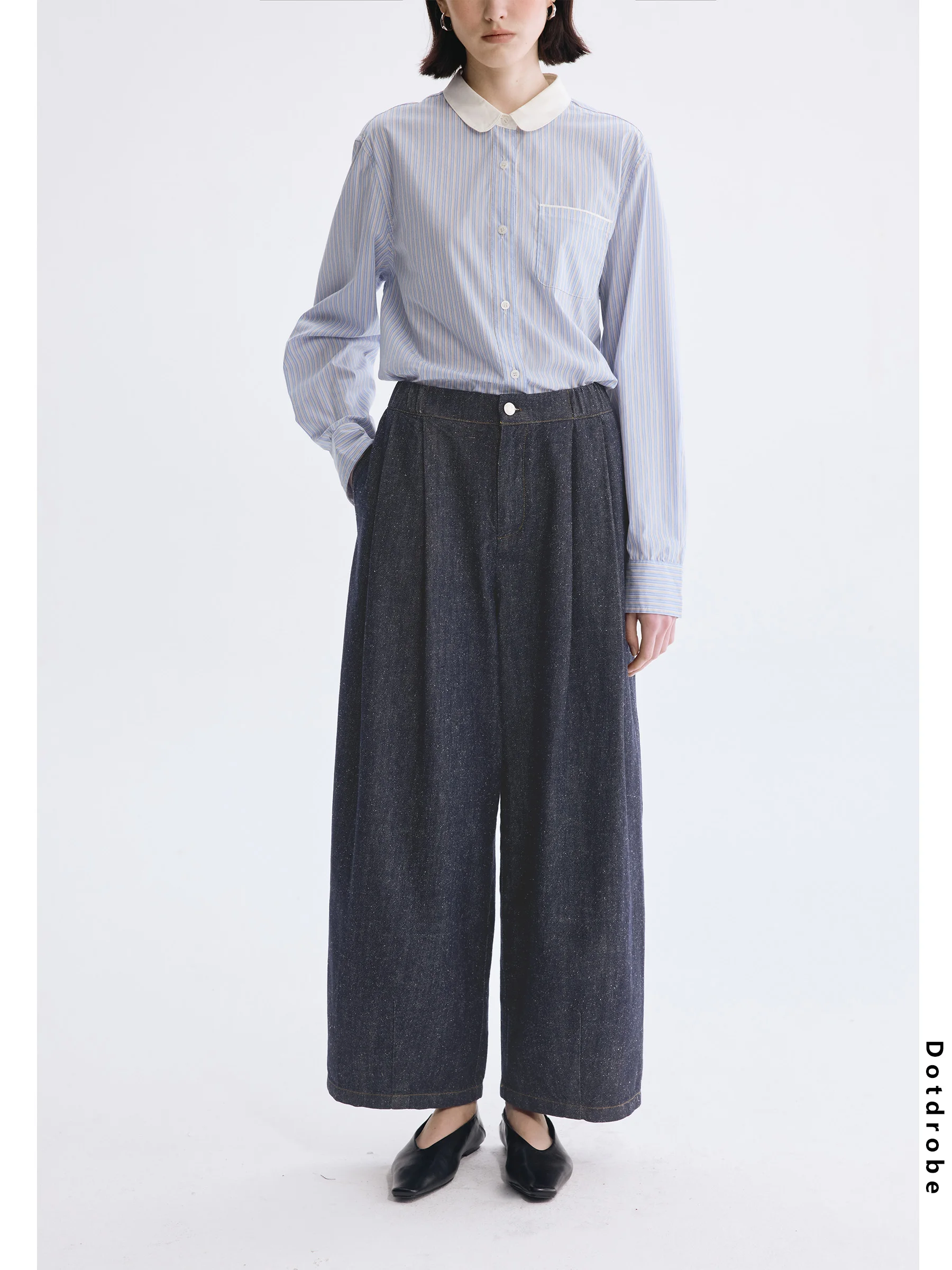 

DotDrobe Vintage Colored Gauze Double Pleat Semi-Elastic Waist Denim Pants Women's Wide Leg Spring Summer New Sle