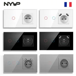 Touch Sensor Switch With Socket With Usb-c  Glass Panel 157*86mm 220V 16A Wall Socket With Light Switch 1/2/3Gang 1Way
