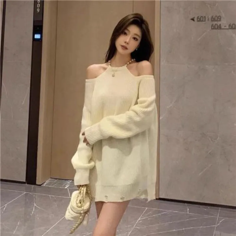 Women's Sexy Hanging Neck Shoulder Knitted Sweater Loose Long Sleeve Outer Wear for Spring Autumn Fashion Sweet Style