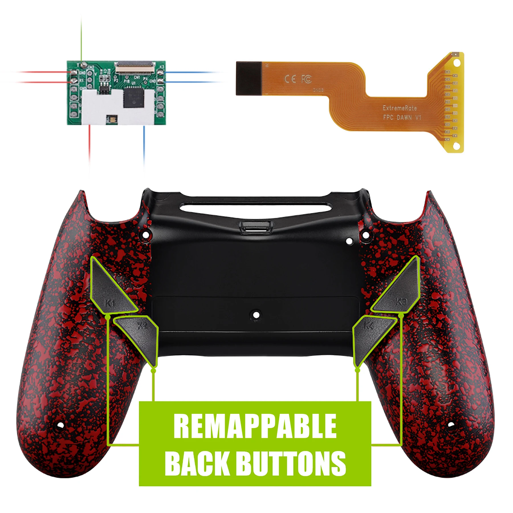 eXtremeRate Dawn Remappable Remap Kit for PS4 Slim Pro Controller with Custom Back Shell & 4 Back Buttons - Textured Red