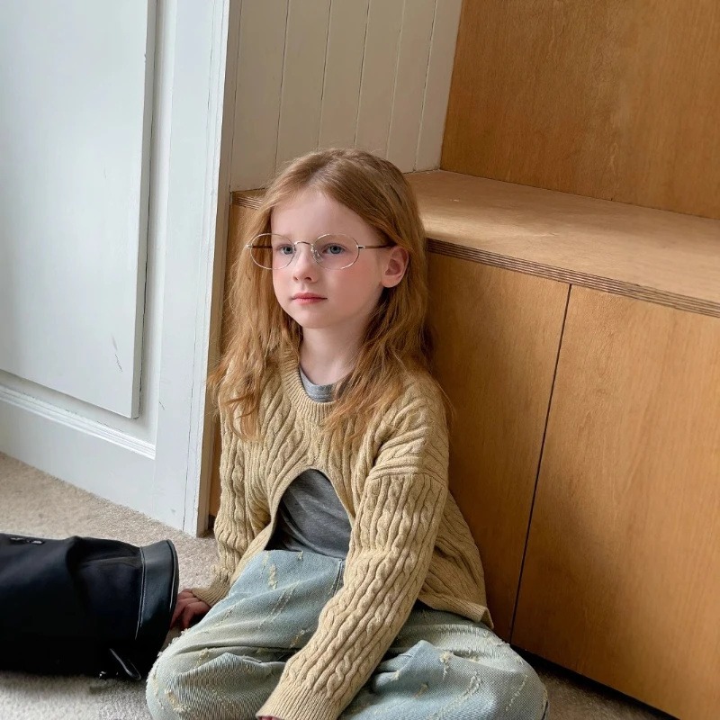 

2025 Autumn New Style Girls' Fashion Western Style Split Retro Style Knitted Hooded Sweater Jacket