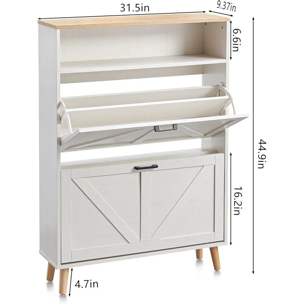 Freestanding Farmhouse Style Shoe Storage Cabinet with Flip Drawers and Door