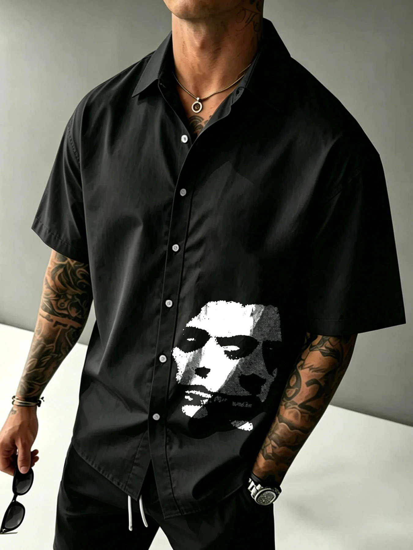 Men's American High-Street Printed Short-Sleeve Shirt  Summer Shirt-Collar Streetwear Cardigan