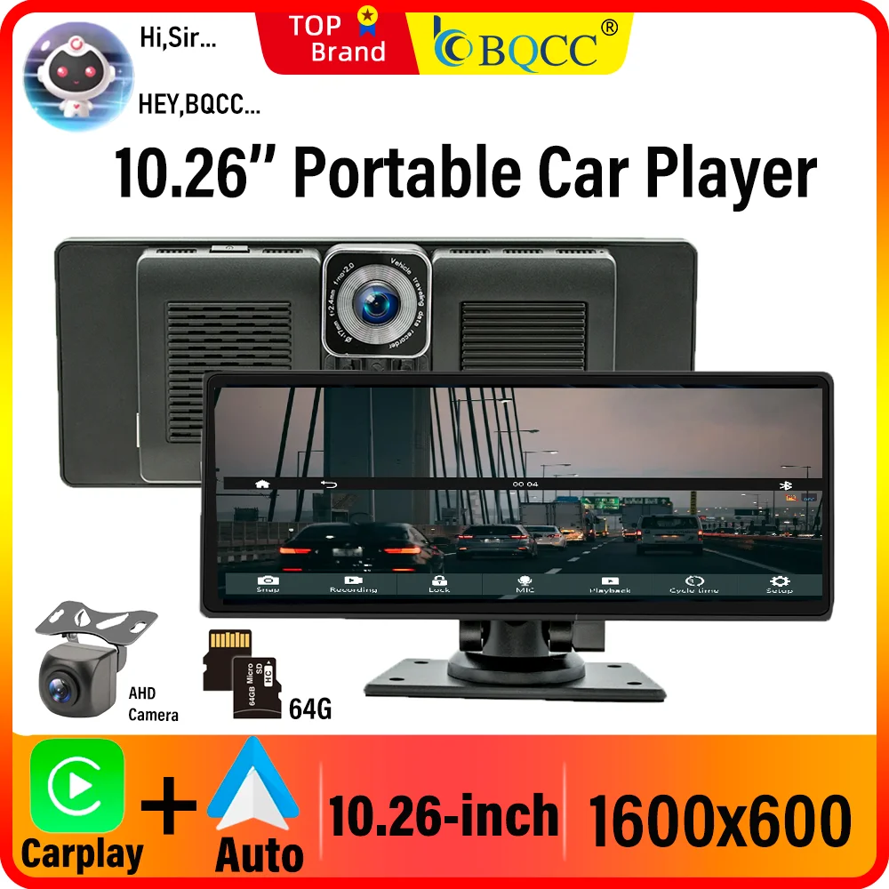 BQCC 10,26 inch draagbare draadloze Carplay-scherm HD achteruitrijcamera autoradio DVR MP5 multimedia videospeler Android Auto