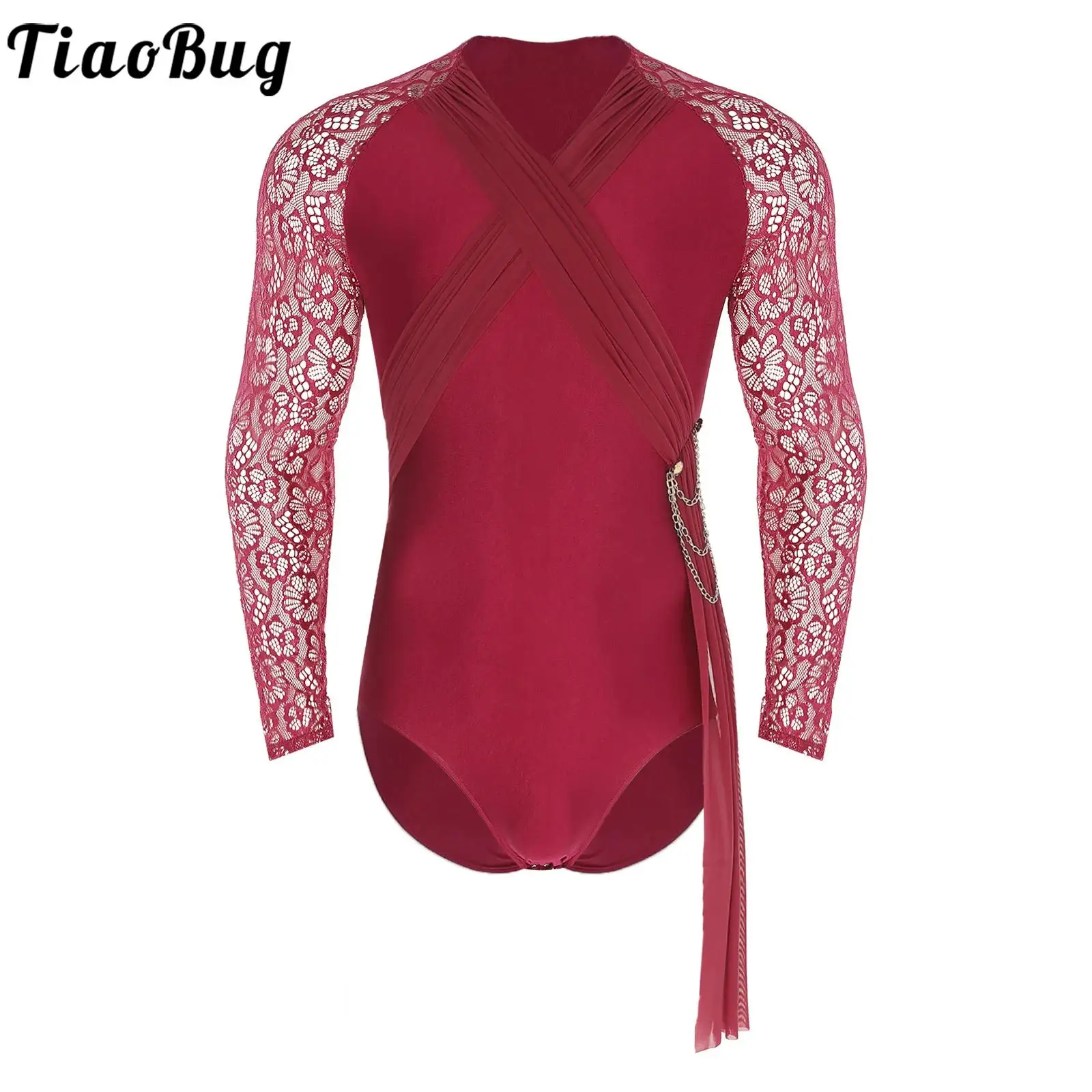 

Men Latin Tango Rumba Dance Leotards Shirts Gymnastics Leotard Bodysuit Floral Lace Long Sleeve Jazz Ballroom Dance Performance