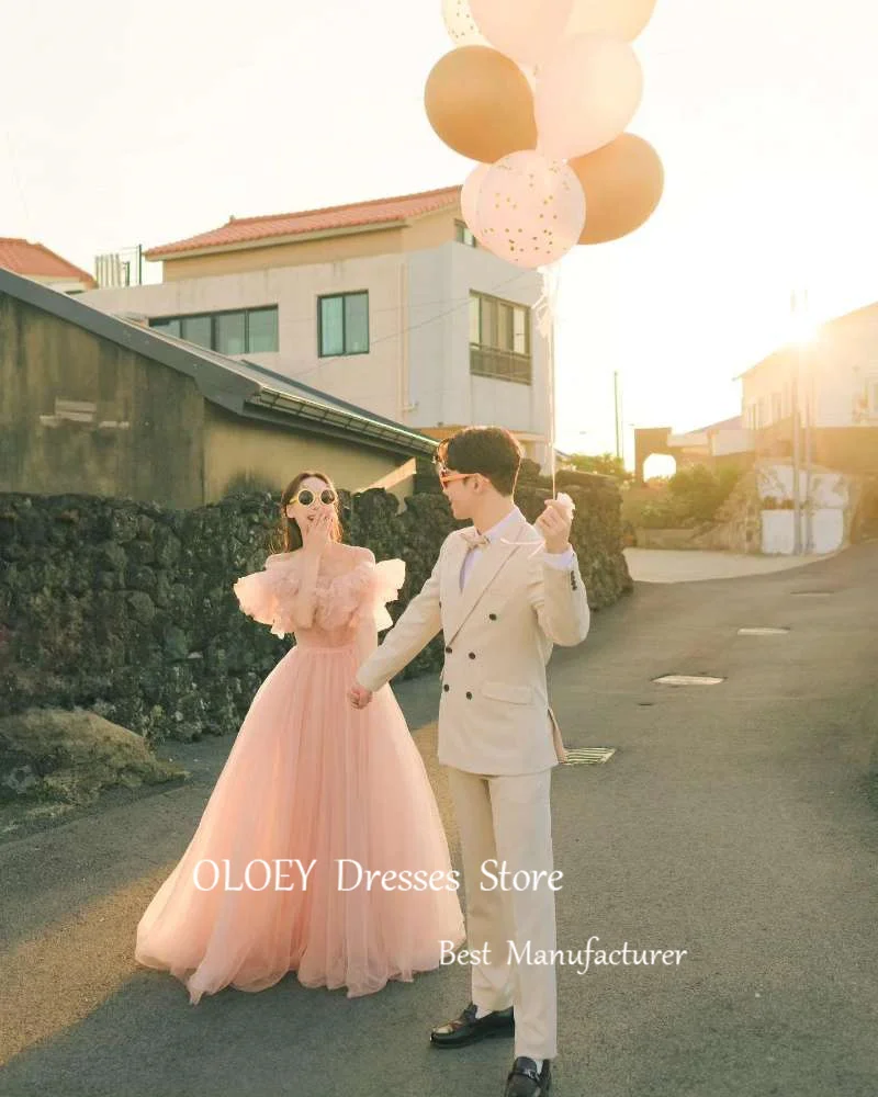 OLOEY-Elegante Blush Pink Tulle Garden Vestidos De Noiva, Fora Do Ombro Vestidos De Noiva, Até O Chão, Vestido De Fotografia Da Coréia, Vestido De Noite