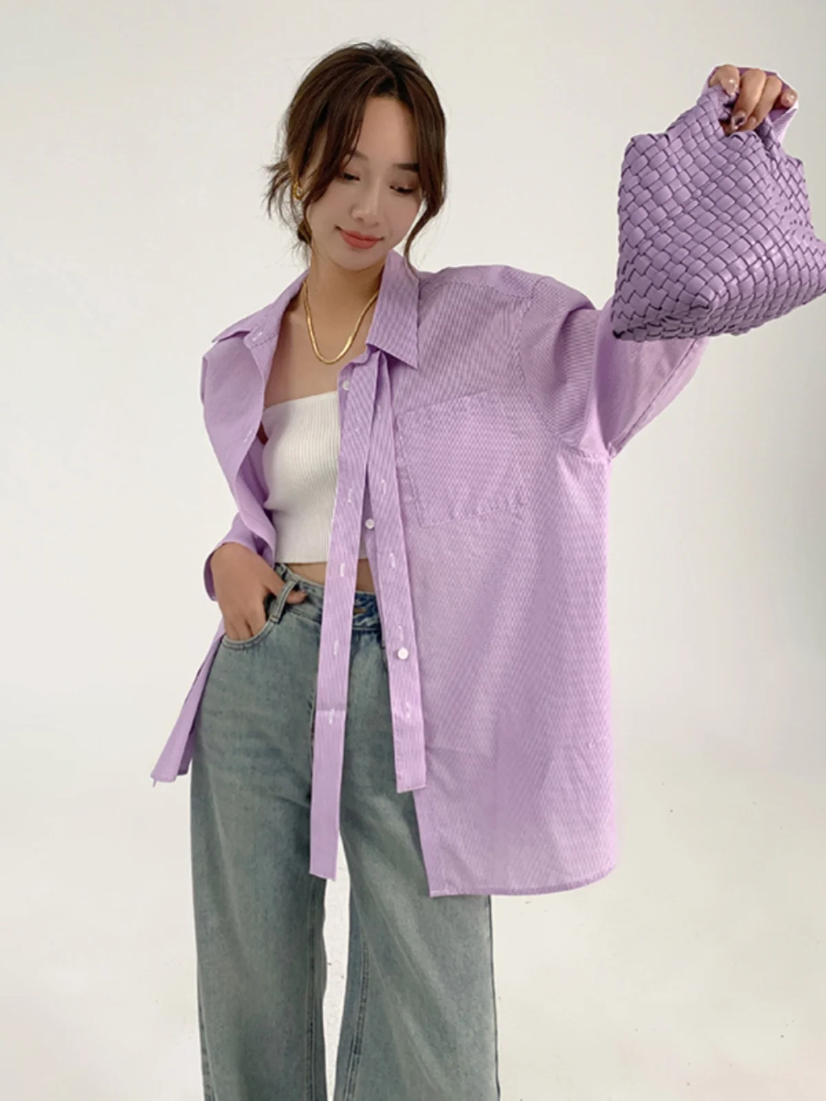 

Фиолетовая полосатая женская летняя новая блузка с бантом, универсальный дизайн воротника, топ-пальто из смесового хлопка и полиэстера