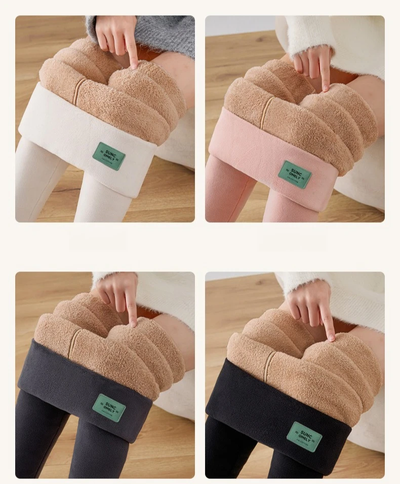 Plus Size Fleece-gefütterte Leggings für Damen, hoch taillierte Strumpfhosen für den kalten Winter, Thermo-Outdoor-Kleidung, dick, gerippt, modische Leggings – Detail 4
