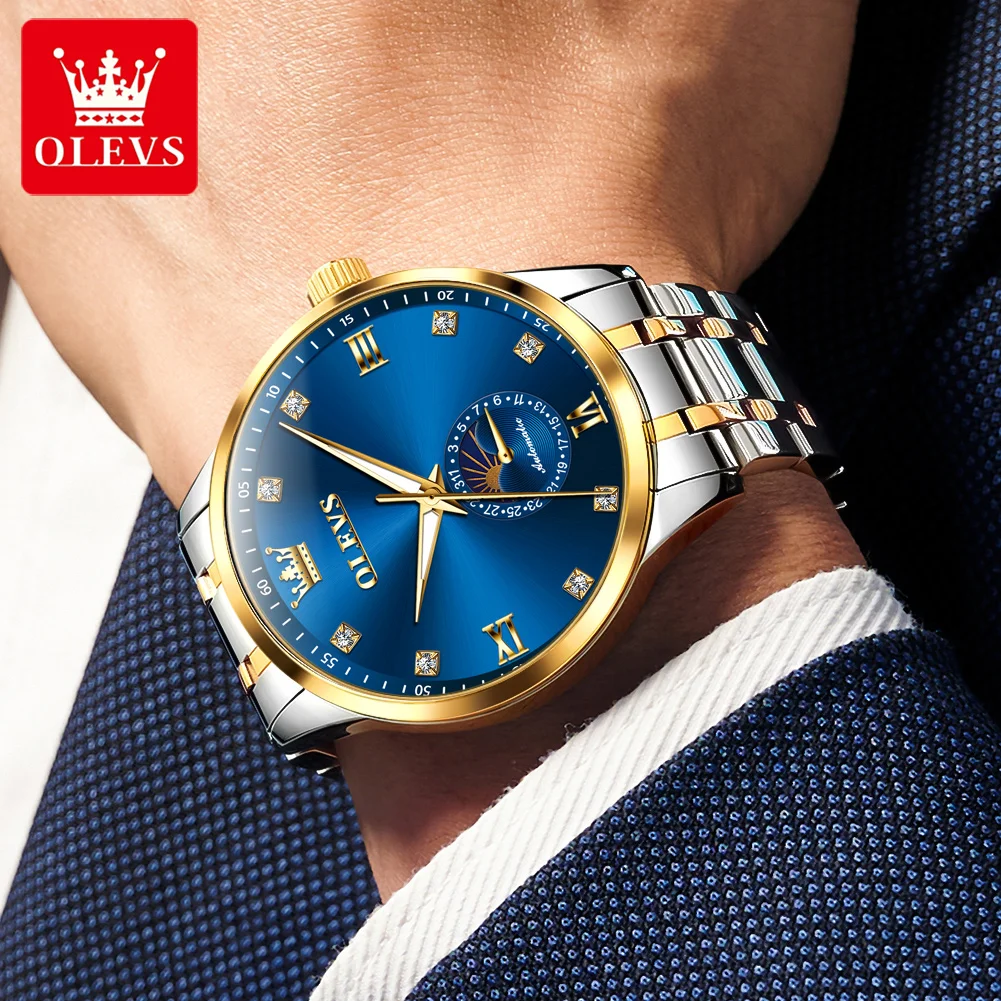 OLEVS 7041 ساعة ميكانيكية رجالية فاخرة جميع أوتوماتيكية للرجال أصلية مقاومة للماء ساعة Moonphase الماس ساعة رسمية للرجال