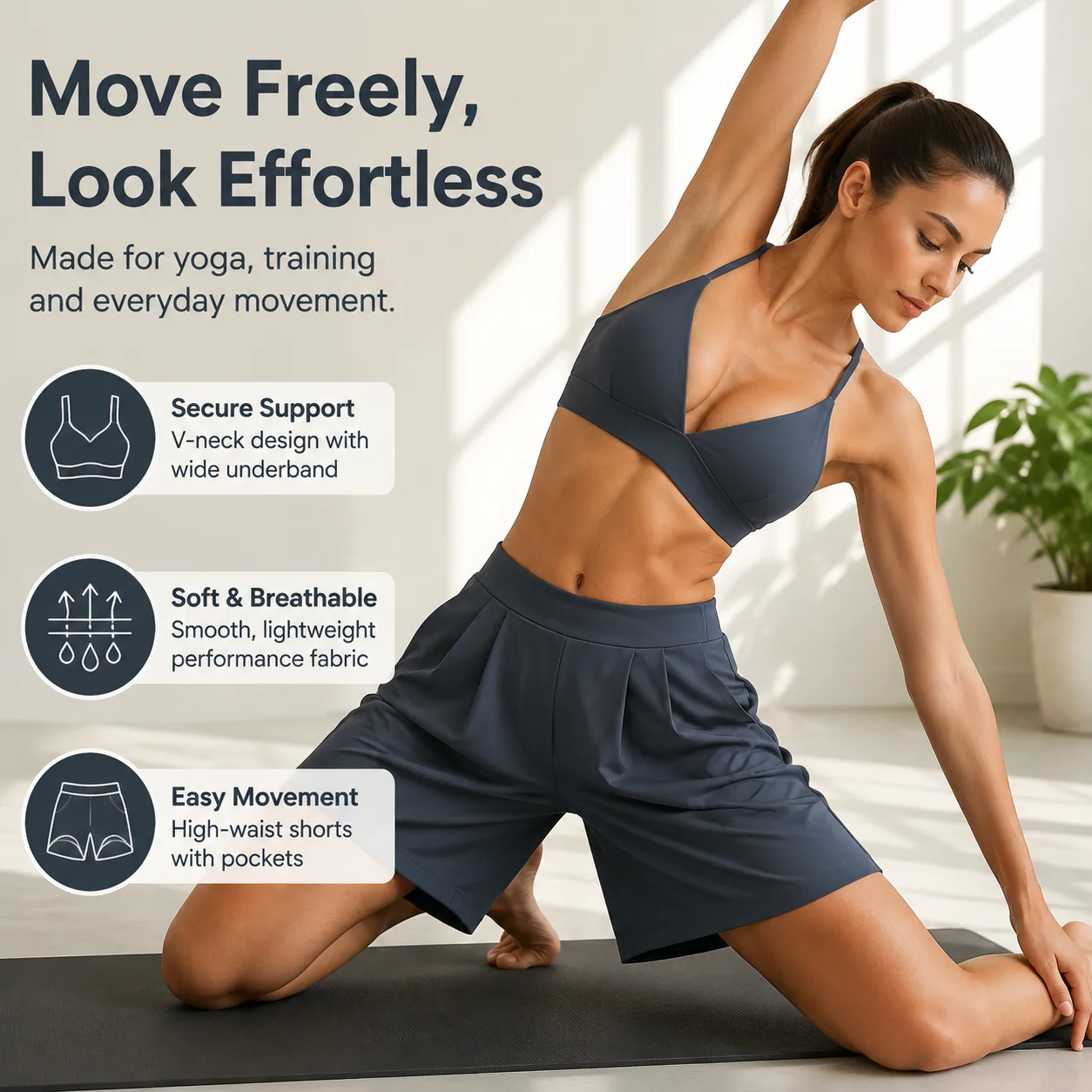 Women's V-Neck Cross Back Sports Set, Pleated Wide Leg Shorts with Pockets, High Waist Workout Yoga Suit