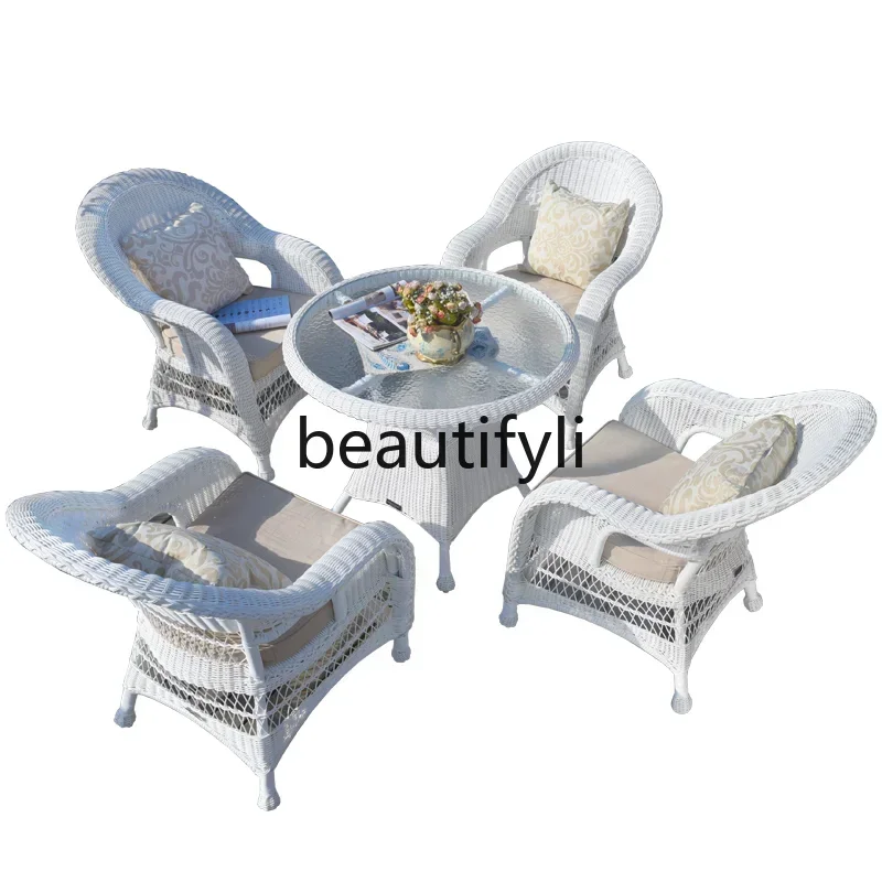 2003Table and chairs White balcony Waterproof sunscreen rattan chair, casual, outdoor garden courtyard rattan furniture