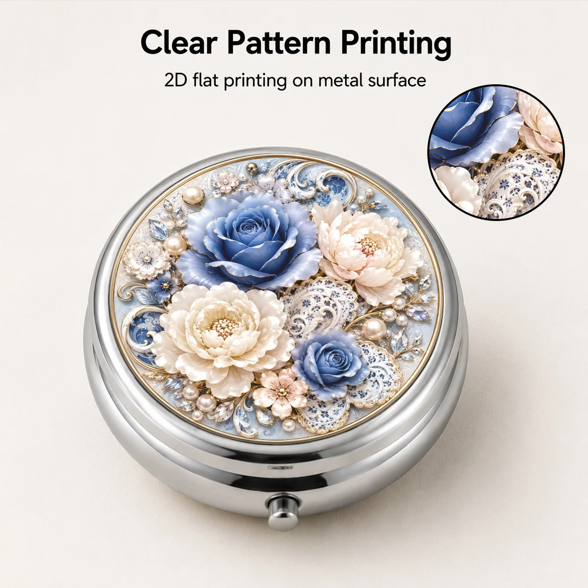 Single pack, flat print, rose and peony pearl gemstone border, elegant and luxurious atmosphere, three-compartment design, portable for travel storage, vitamin classification, small item organization, lightweight for daily carry