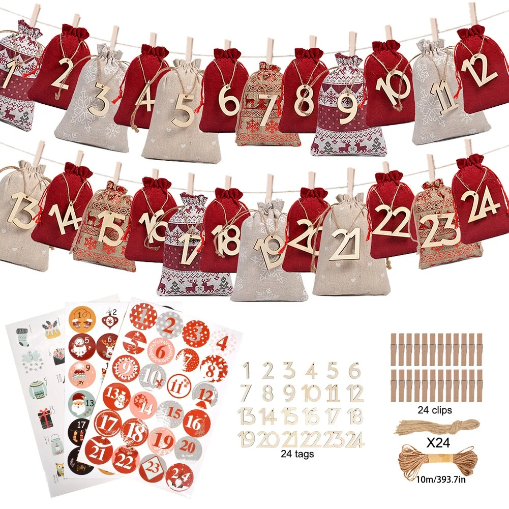 Advent Calendar Drawstring Bag Set With 24 Linen Pouches,Wooden Tags,Clips And 10m Jute Rope For Christmas Countdown Xmas Gifts