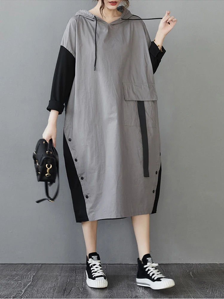 Autumn British Womens Fashion Hooded Design Loose Dresses Ladies Elegant Oversized Vestidos Females Classic Casual Long Clothes