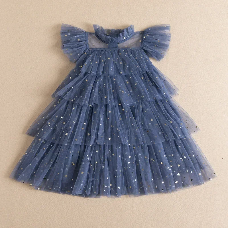 Vestido de princesa esponjoso para niños, estrella de hadas, lentejuelas, malla de pastel, vestidos cortos de flores para niñas, sólido, alto, nuevo