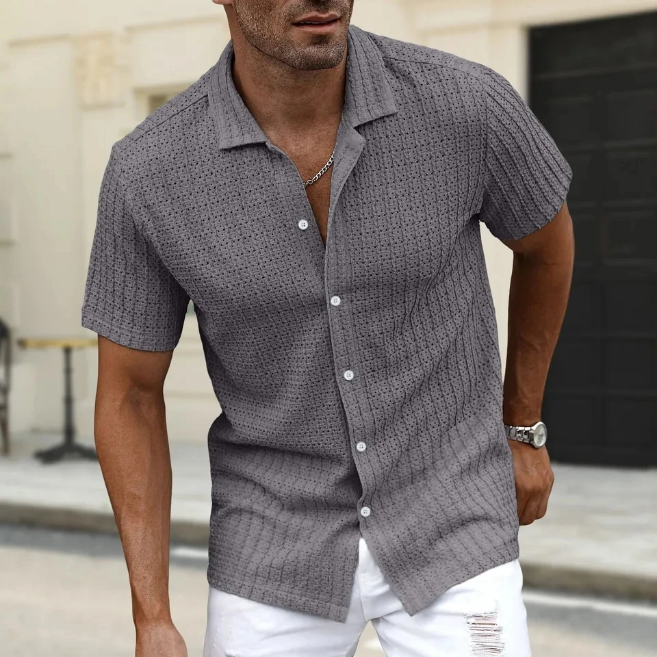 Men's Beach Shirt Summer Short Sleeve Hollowed-out Breathable Tops Casual Blouse Lapel Button-Down Shirts Solid Holiday Shirt