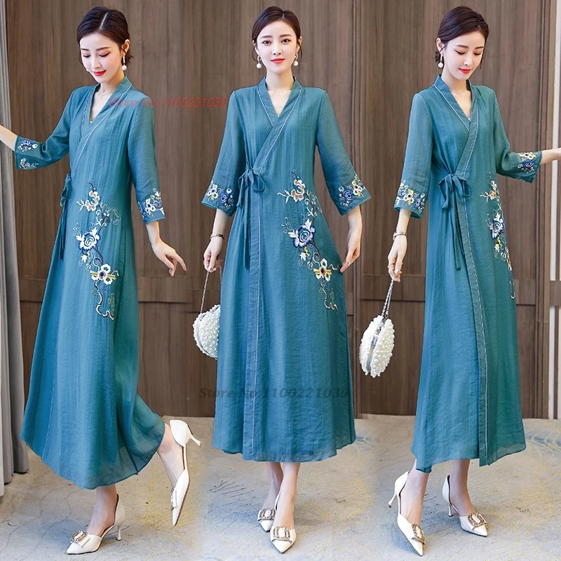 

2025 chinese vintage dress improved cheongsam national flower embroidery hanfu v-neck dress oriental traditional dress qipao