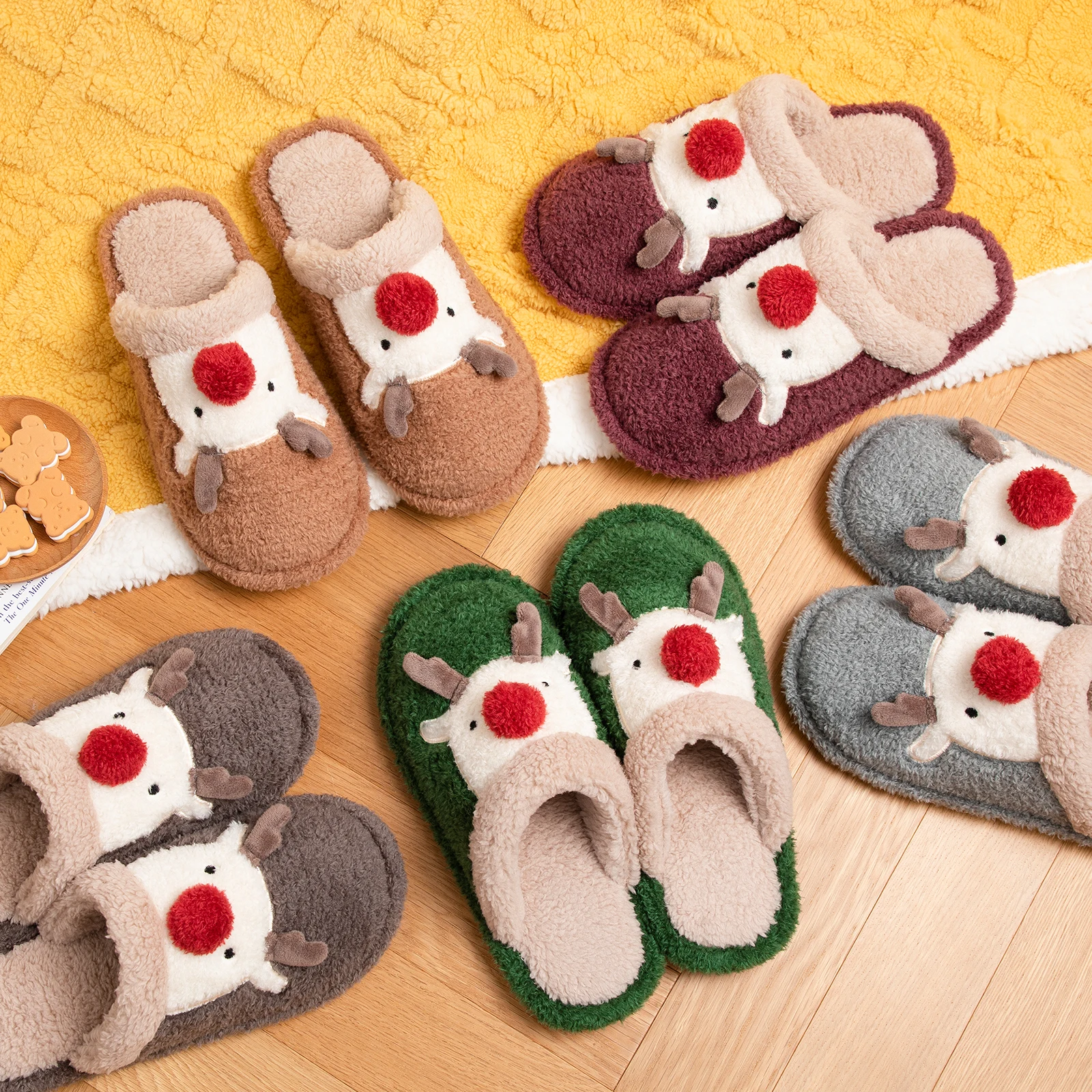 Feslishoet Winter Women Christmas Elk Plush PVC Slippers Non-Slip Cute Versatile Indoor Outdoor Comfort Men Cotton Slippers 