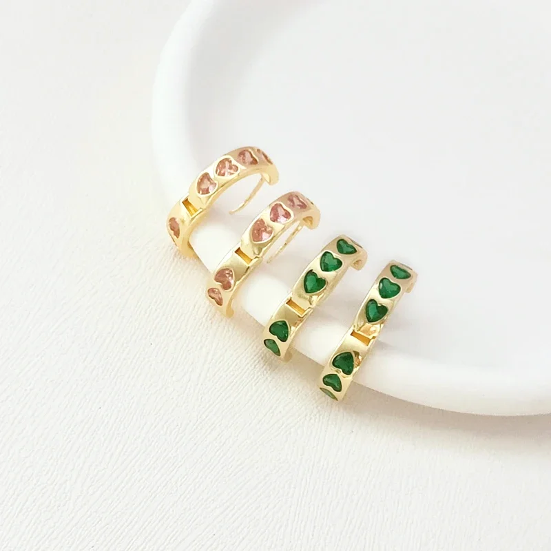 1 Pair Brass Coated Gold Zircon Inlaid Heart-shaped Round Ear Buckle DIY Jewelry Making Semi-finished Product Accessory