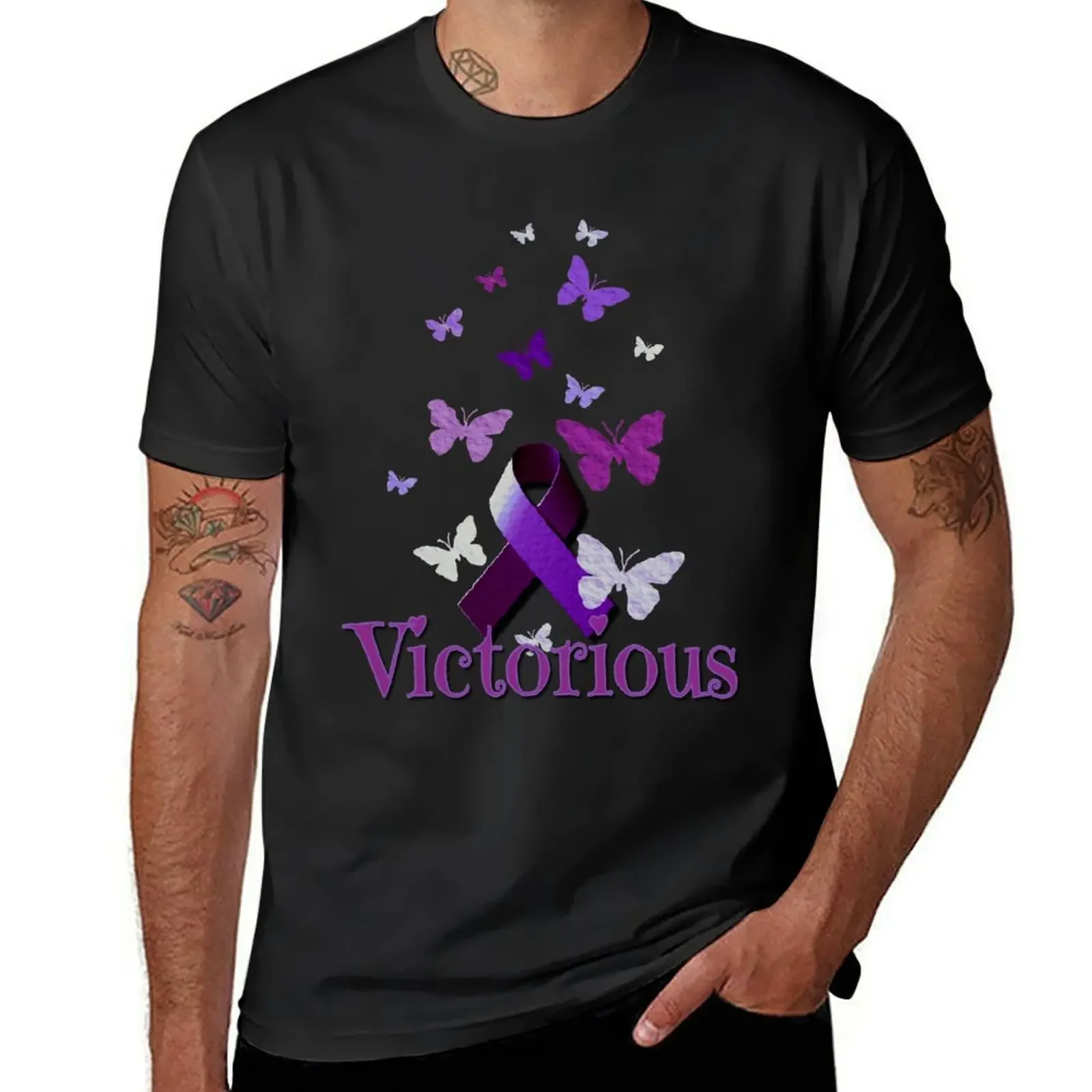 

Purple Awareness Ribbon with Butterflies Victorious T-Shirt new edition Man t-shirt mens tall t shirts