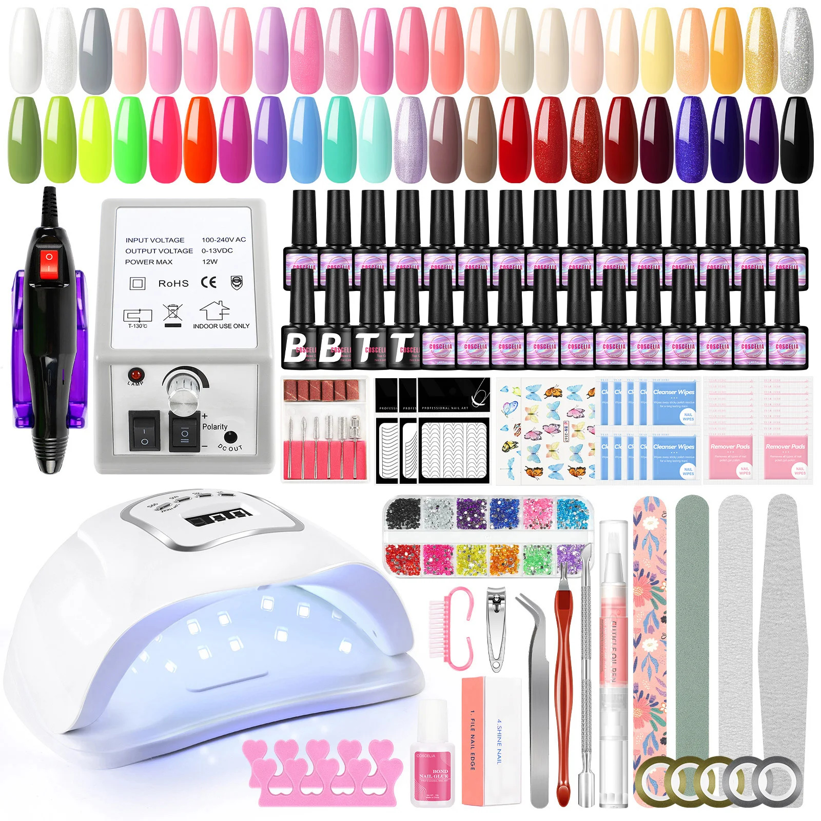 COSCELIA 46 Colors UV Nail Polish Set with UV Lamp 110 W Nail Drill Base Coat & Shiny Top Coat Nail Polish Tools Set Beginners