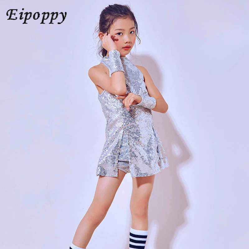 子供用ジャズダンスコスチューム、透明なスパンコール、ヒップホップ、韓国のモダンな服、新しい