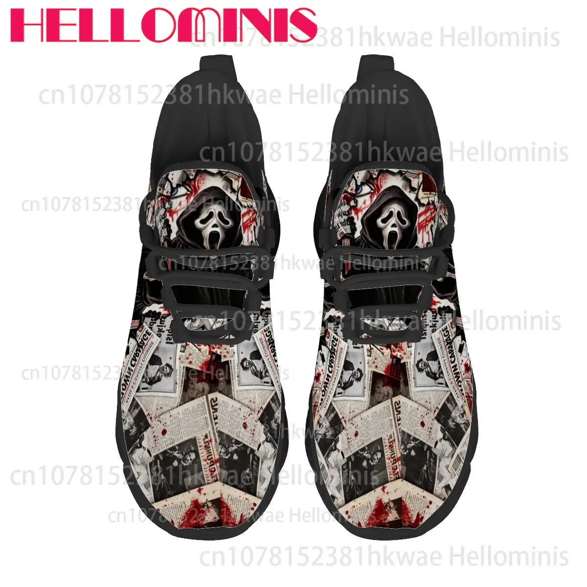 Halloween Party Casual Sneakers for Adults Unisex Gothic Spooky Ghost Figure Newspaper Collage Print Shoes Dark Horror Theme