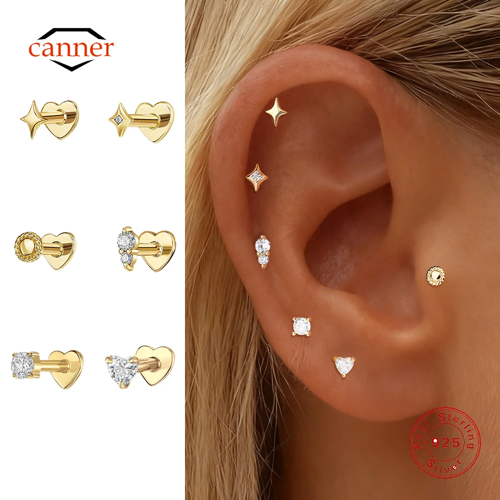 

CANNER 1PC 925 Sterling Silver Love Zircon Heart Flat Head Cartilage Piercing Earring For Women Ins Classic Geometric Earring
