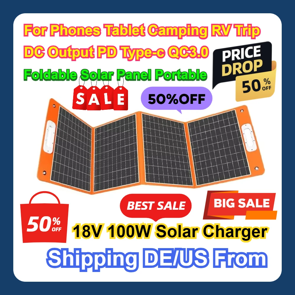 

For Phones Tablet Camping RV Trip DC Output PD Type-c QC3.0 Foldable Solar Panel Portable 18V 100W Solar Charger