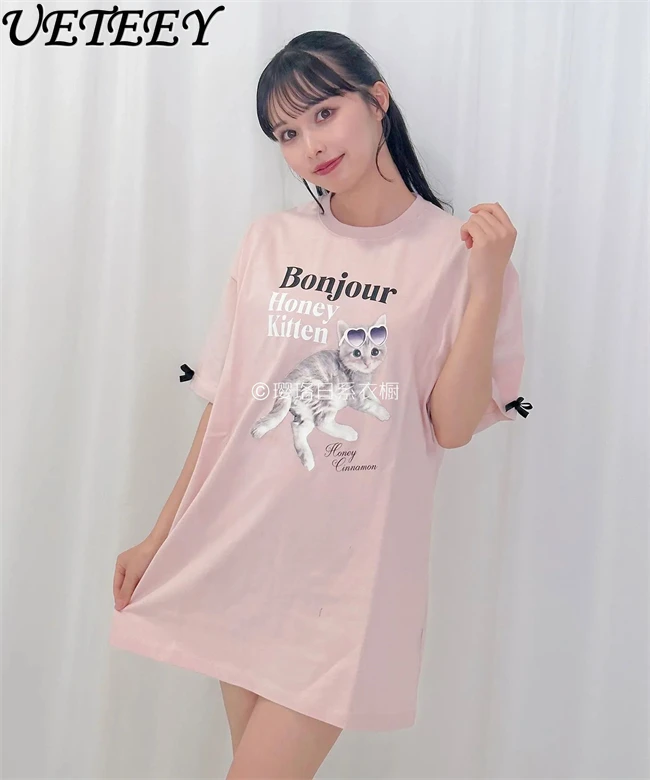 2025 Spring and Summer New Japanese Cat Print Bow Decoration Short Sleeve T-shirt Dress Loose Casual Long T Shirt Women Top Lady