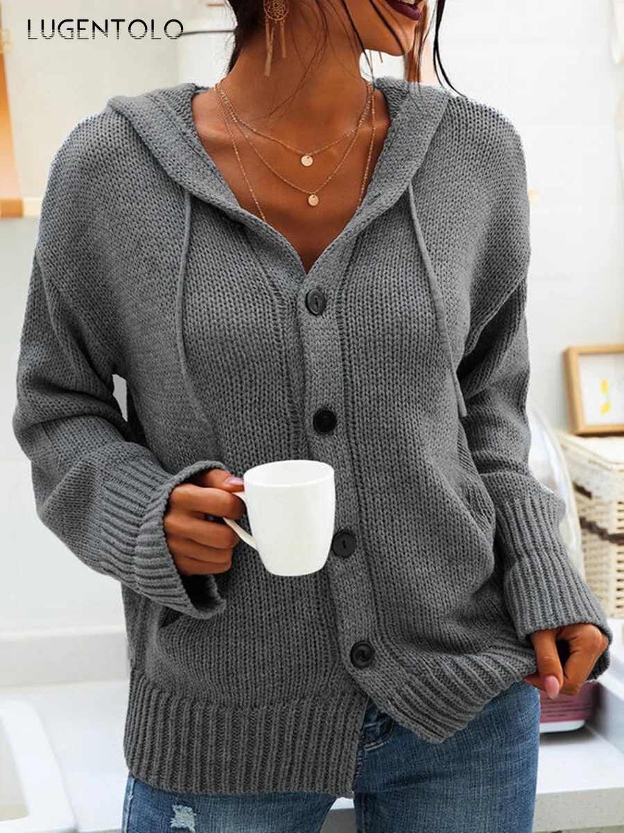 

Women Hooded Cardigan Sweaters Single-breasted New Autumn Winter Casual Lady Solid Drawstring Knitted Short Coat