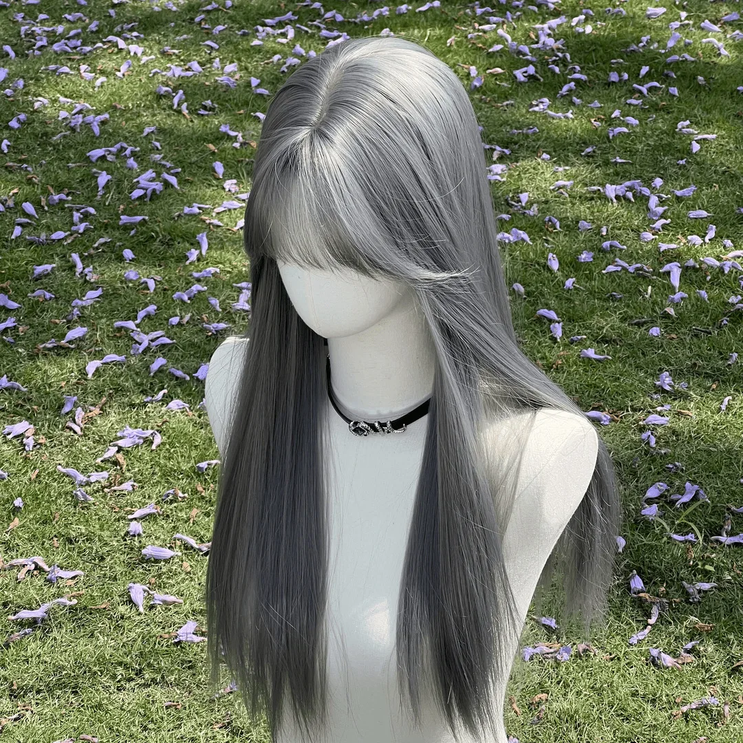 Grandma Gray Wig Stylish And Elegant With A Natural-looking Air Bangs And Long Straight Hair Seamless Realistic Full Hair Wig
