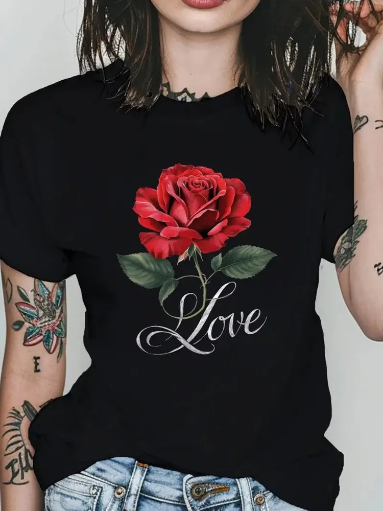 

Ladies' Pure Cotton Soft T-shirt with Red Rose Flowers and Heart-shaped Letter Printing Daily Casual and Comfortable Shirt