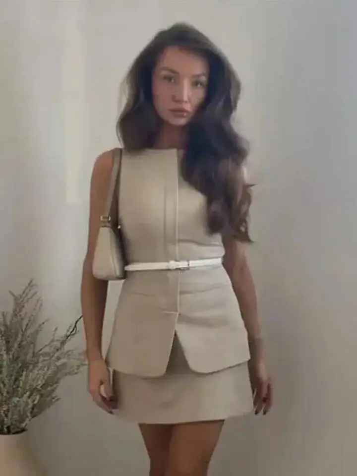 Damska sukienka mini na lato z paskiem, dopasowana, bez rękawów, z dekoltem typu O, spódnica przed kolano, zestaw w stylu vintage, imitacja dwóch części, model 10IX