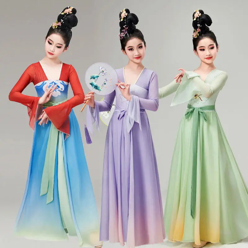 

[4428 People Have Collected]Girl's Classical Dance Practice Outfit With Elegant Fairy Like Gauze Dress, One-piece Long Chinese