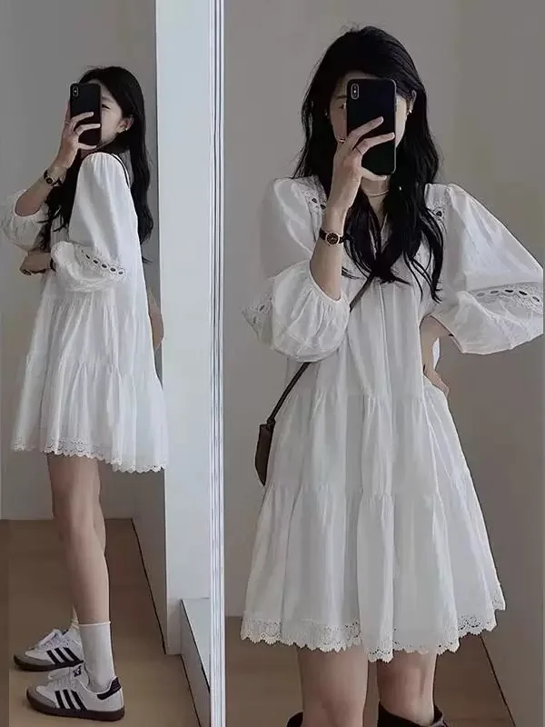 ผู้หญิงพัฟแขนเสื้อลูกไม้ Trim Boho สีขาวสุภาพสตรีฤดูร้อน A-Line ชุดเดรสสั้น Hollow OUT หวานแยก Tie-คอชุด