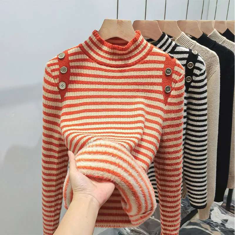 2023 Autumn/Winter Korean Edition New Striped Plush Sweater Women's Long Sleeved Knitted Half High Neck Sweater