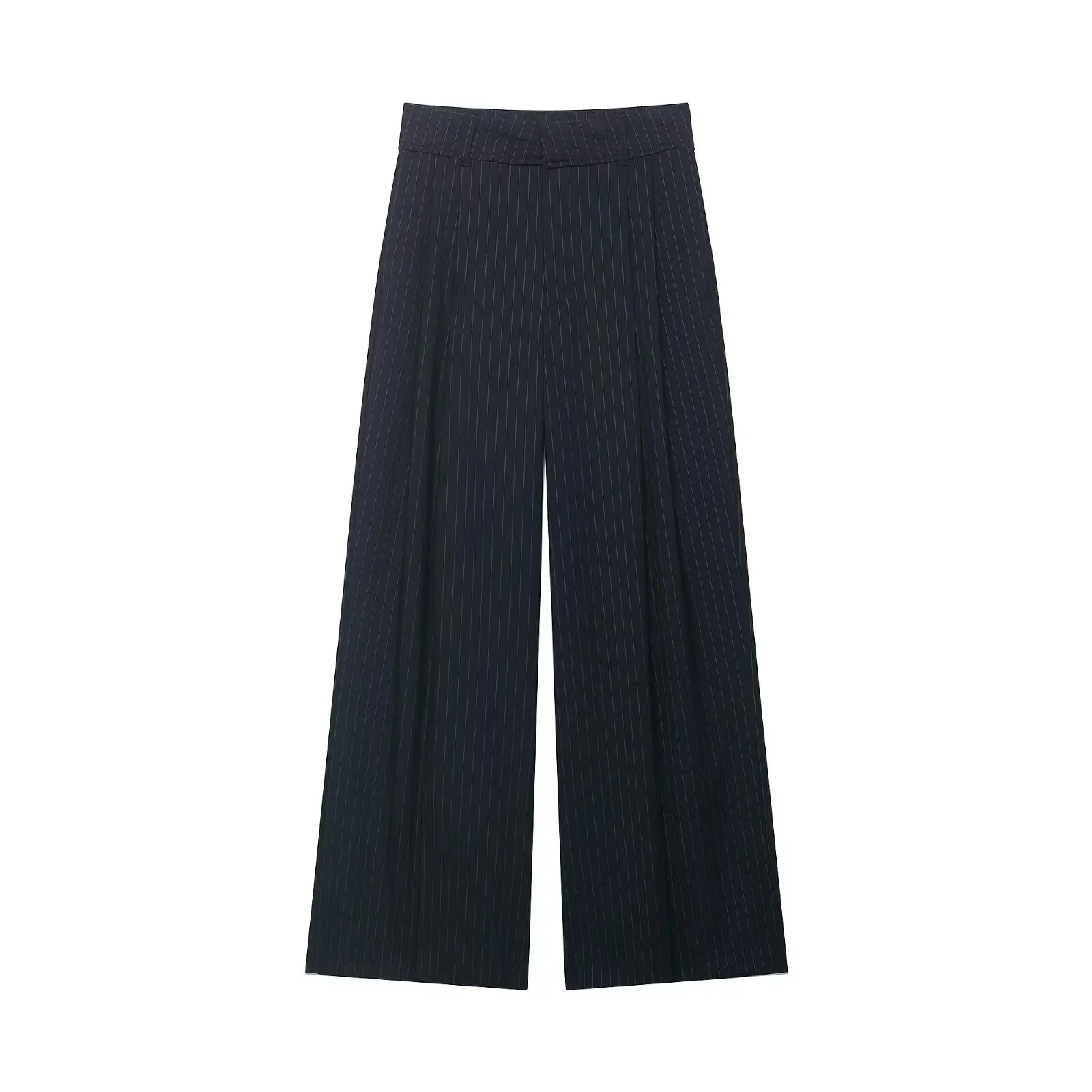Dark Vertical Striped Wide Leg Pants High Waist Pleated Trousers For Women Elegant Casual Style Office Wear Loose Bottoms L15S