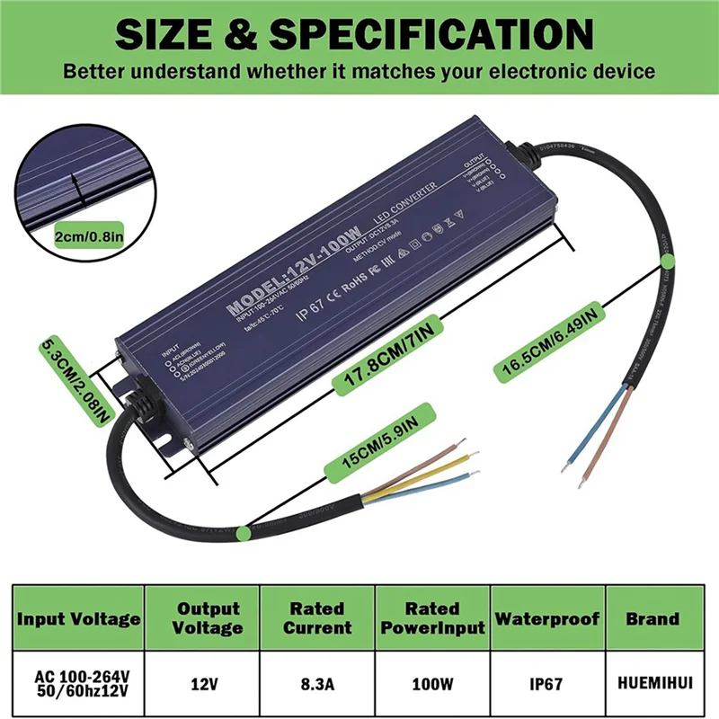 2X 12V LED Driver IP67 Waterproof 12V 100W Power Supply Transformer 100-264V AC To 12Volt DC Low Voltage Output-TCE