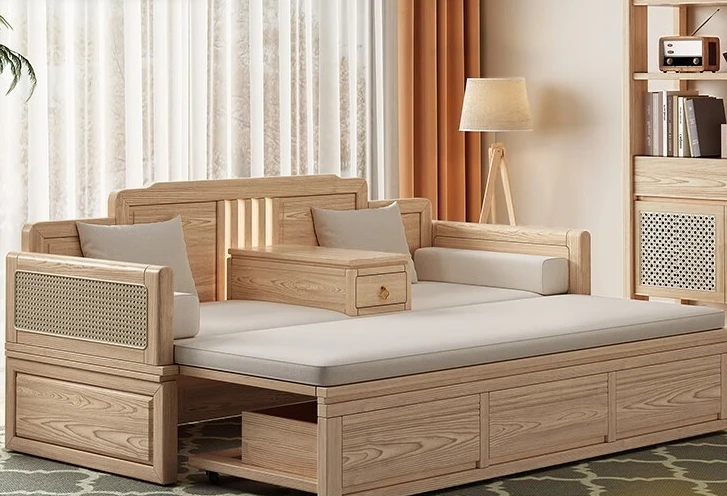 ash wood new Chinese style, all solid wood push-pull Arhat bed, telescopic storage bed, simple and multi-functional
