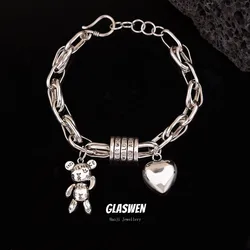 Romantic Love Heart & Bear Animal Design Retro Thai Silver Female Charm Bracelet Wholesale Jewelry For Women New Year Gifts