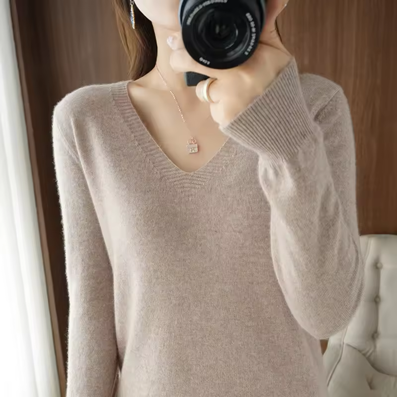 New Cashmere Women's V-neck Pullover Lace Neck Hollow Out Design Casual Knitted Long Sleeve Women's Sweater Autumn And Winter - Image 2